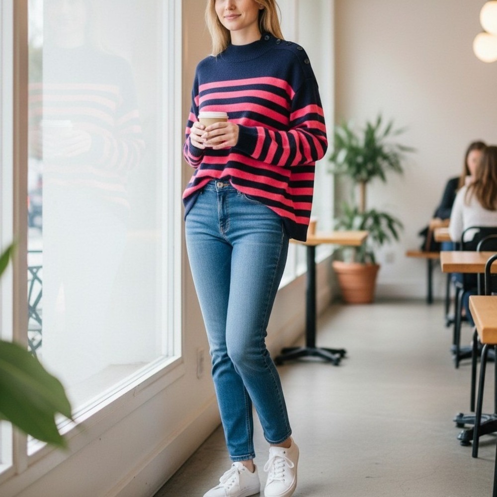 Laurie Felt Pink & Blue Stripe Knit Long Sleeve Sweater Button Neck Detail Lg